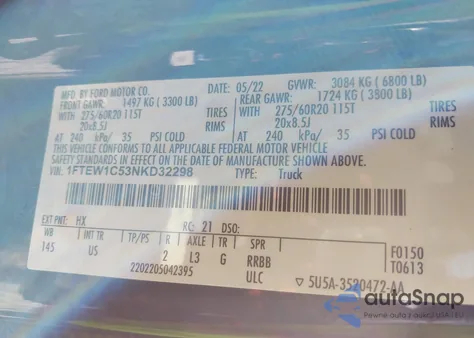 2022 Ford F-150 Xlt из США, поврежденный, VIN 1FTEW1C53NKD32298